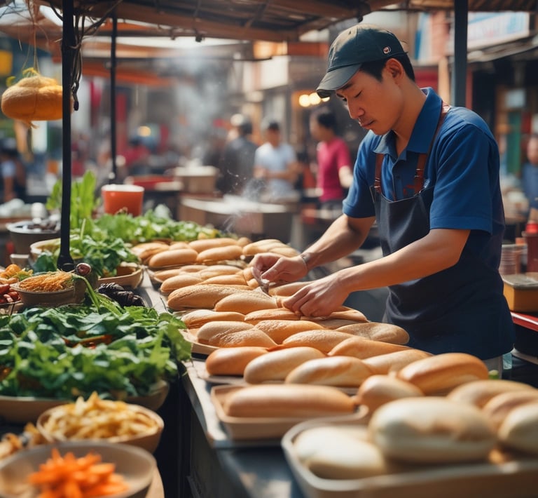 A vibrant food truck serving colorful Southeast Asian street food with happy customers around.