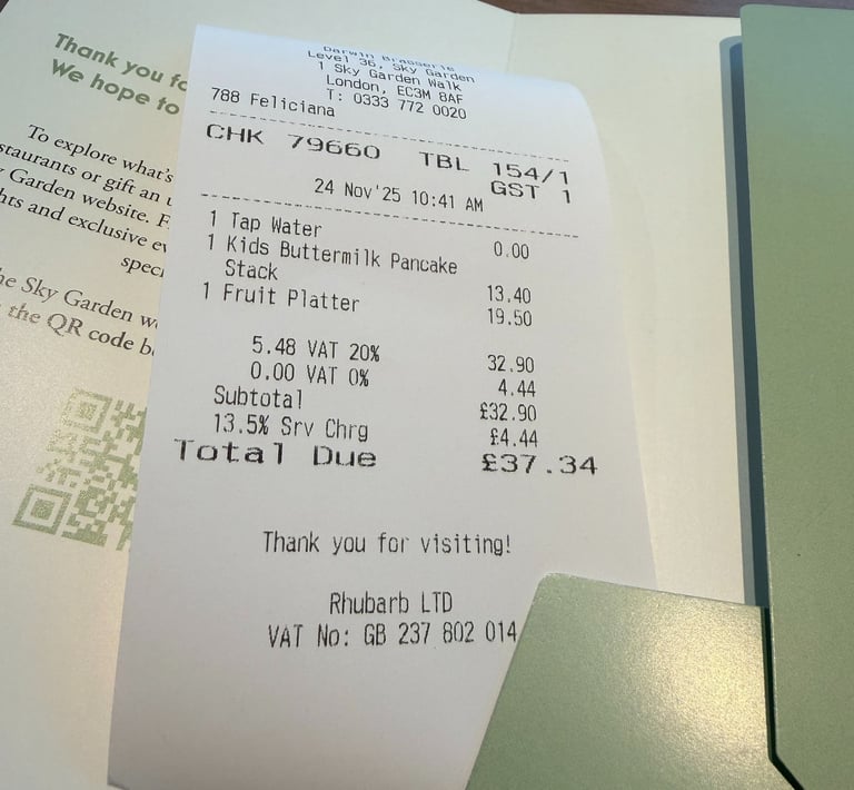 Check from Darwin Brasserie, Sky Garden, London, UK