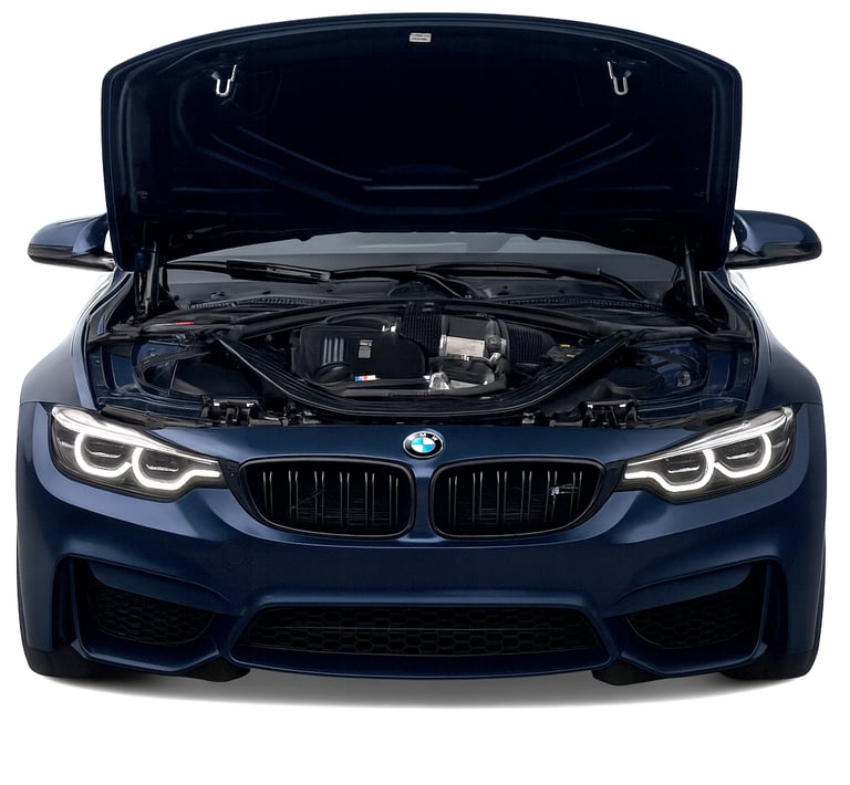 Blue BMW M4 with the hood up