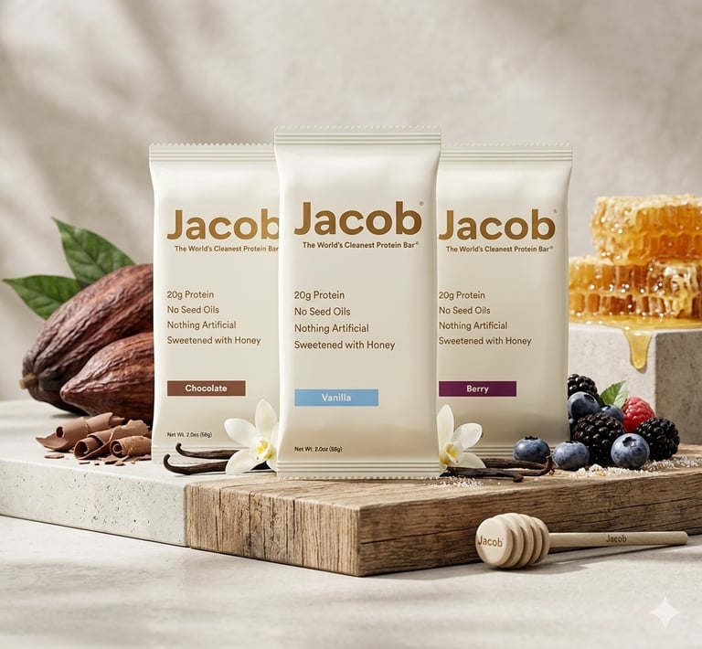 Jacob clean protein bars in chocolate, vanilla, and berry flavors with raw ingredients and honey.