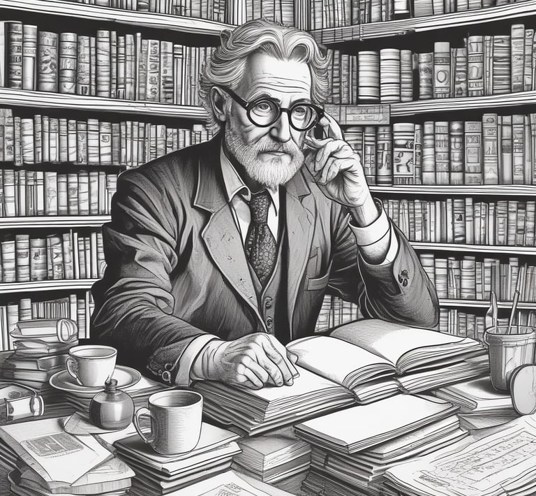 A thoughtful author at a desk surrounded by books and papers, writing notes.