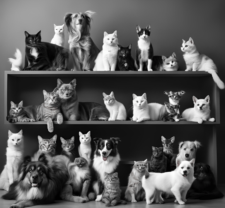 Several dogs and cats sitting together