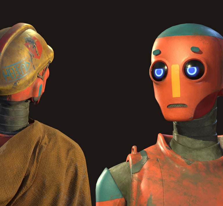 Two headshots of a robot: one facing the camera, showcasing its front features, and the other turned