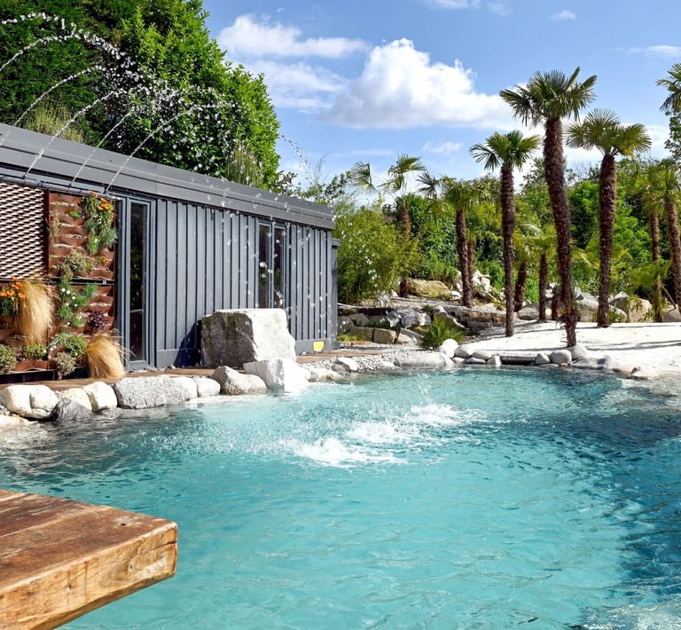 piscina interrata con rocce e sabbia