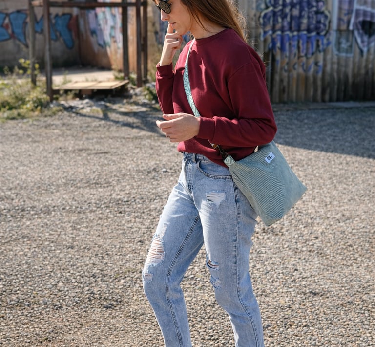 bandolera de pana, hecha a mano, color verde, con gran capacidad
