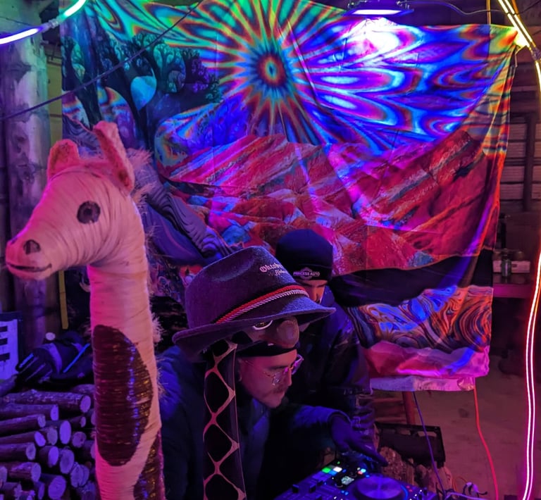 dj immersed in psychedelic imagery