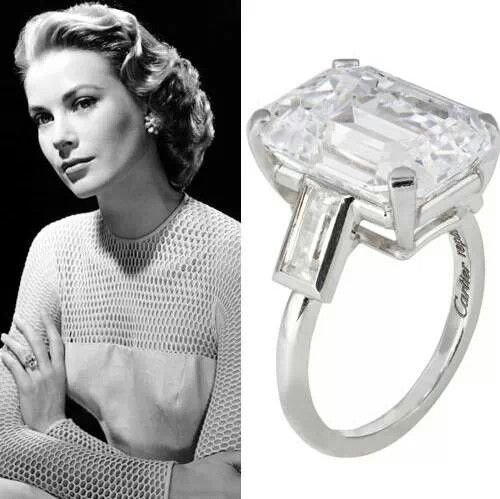 Grace Kelly and her Cartier emerald-cut diamond engagement ring.