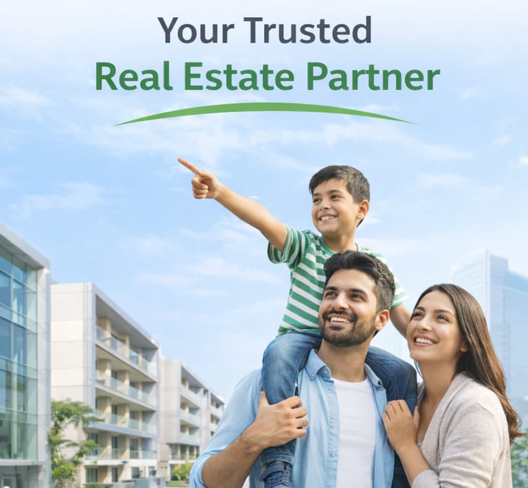 A happy family looking at modern apartment buildings with text reading Your Trusted Real Estate Partner.