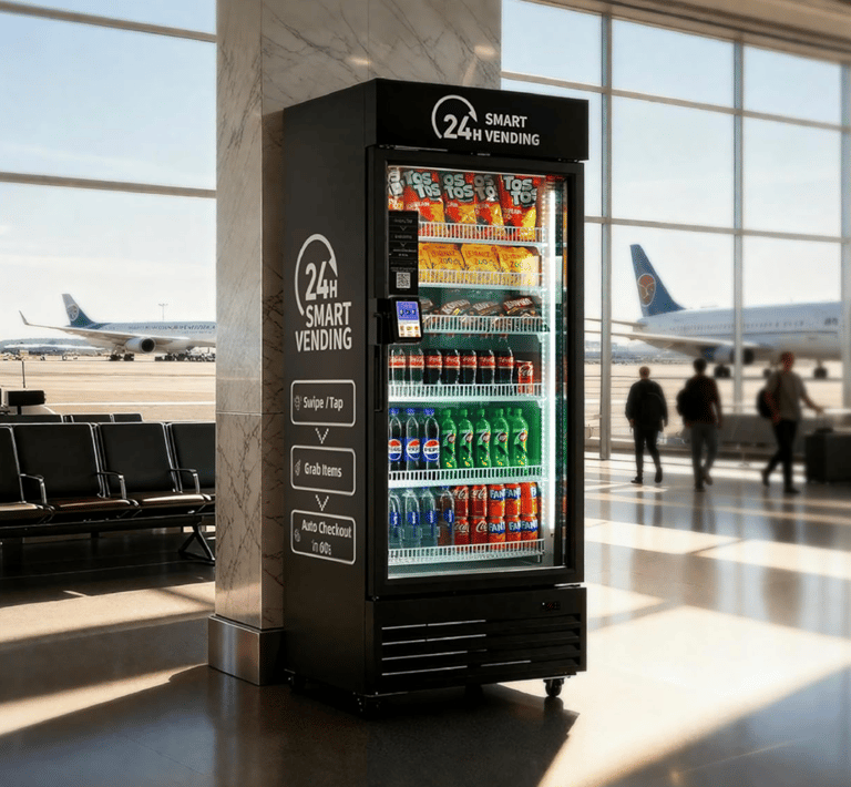 Platinum Elite Vending 24H smart vending machine providing snacks and drinks in a busy airport