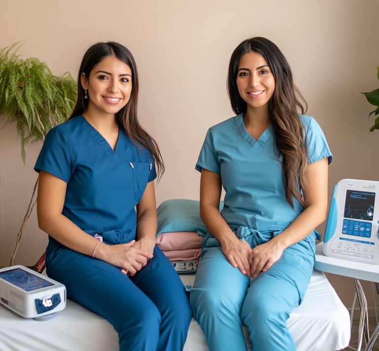 Dos mujeres fisioterapeutas sonriendo sentadas en una camilla
