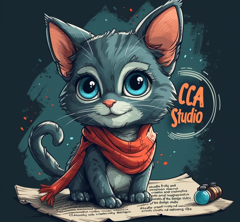 alt="Mascotte chat CCA Studio avec écharpe rouge - Spécialiste création mascottes entreprises"