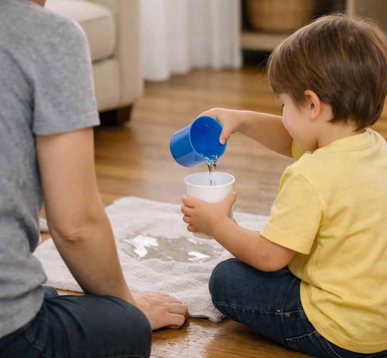Child pouring water between two cups at home