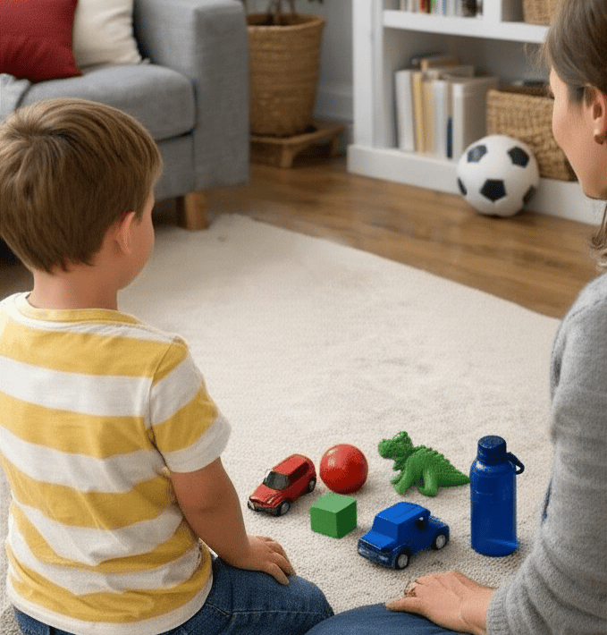 Child doing color sorting activity at home with parent