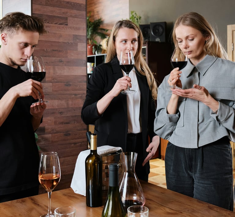 Three people at a wine tasting