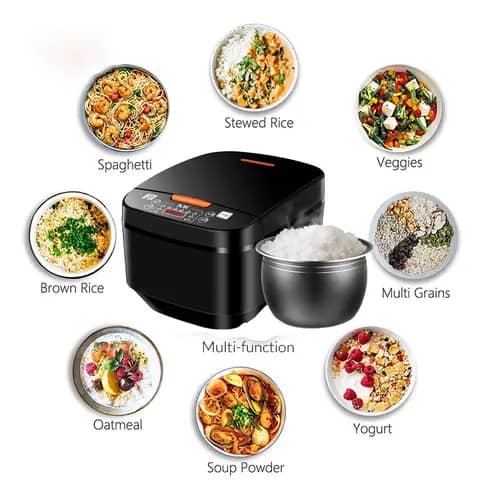Multi-function digital rice cooker surrounded by bowls of rice, spaghetti, oatmeal, and yogurt.