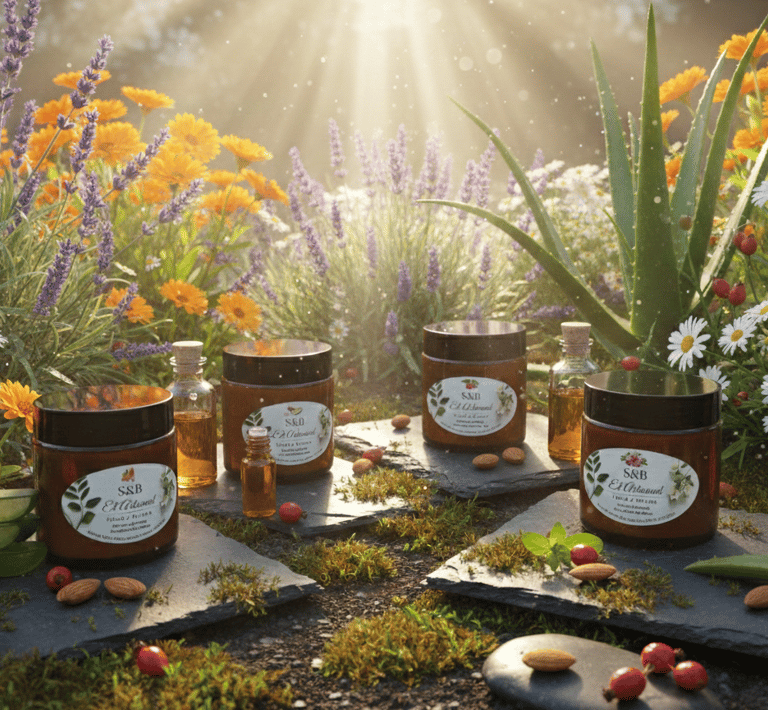Natural skincare products in glass jars surrounded by lavender, aloe vera, and calendula flowers.