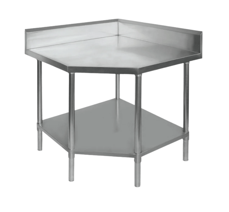 Heavy duty stainless steel corner bench with splashback and undershelf.