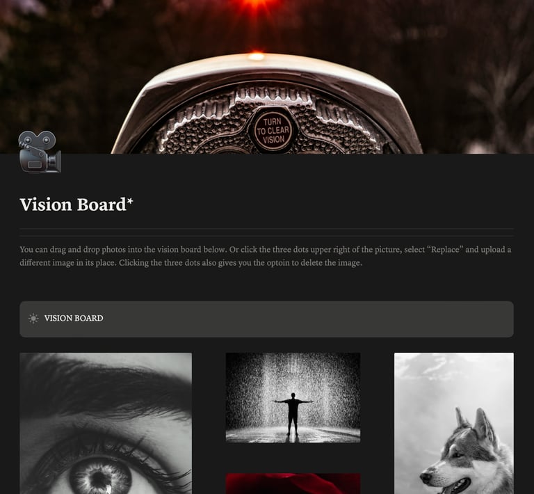 Digital vision board featuring black and white photography of an eye, a person in rain, and a husky.