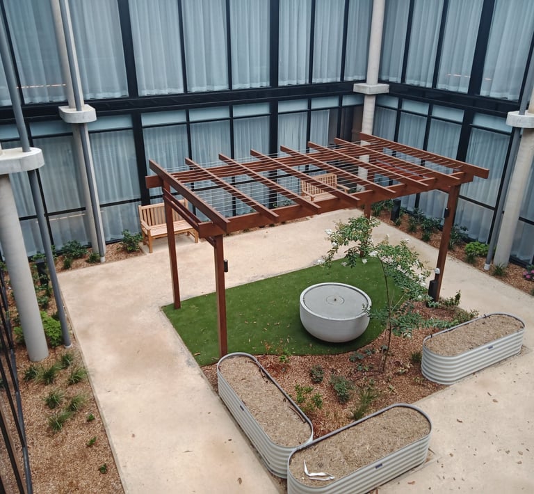 Wood grain aluminium pergola with stainless wire for climbing plants