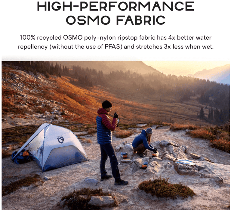 a man taking a photo of a woman by a Nemo Hornet tent