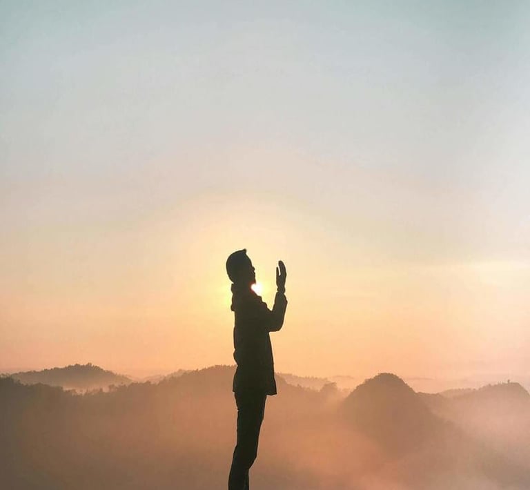 Person silhouetted against sunrise on a flower-shaped platform above misty hills.