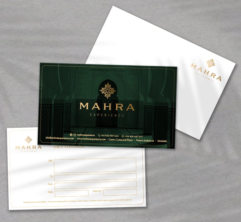 Gift voucher and envelope design for Mahra