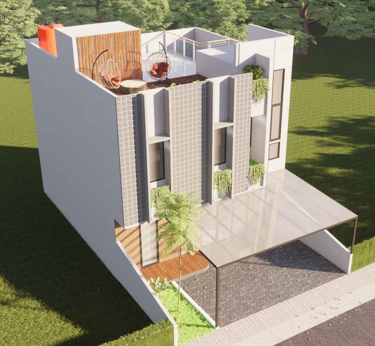 Visualisasi 3D fasad rumah modern tropis artistik dan mewah