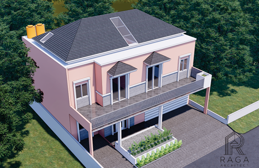 Hunian minimalis modern dengan atap pelana simetris, dinding putih, dan aksen kayu alami