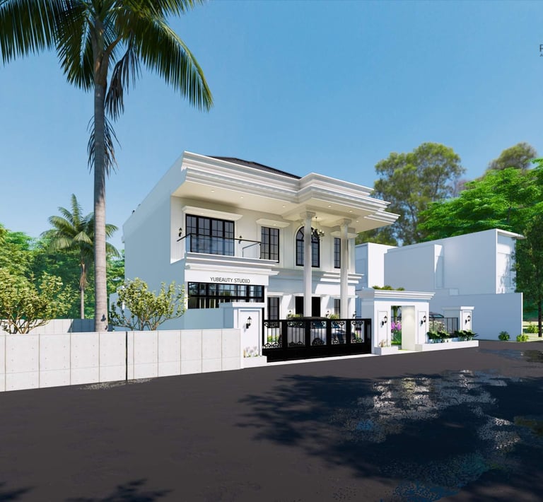 Rumah putih 2 lantai bergaya klasik modern dengan fasad elegan