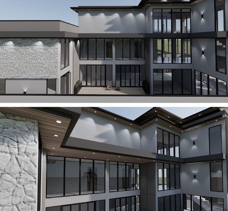 Bangunan rumah modern 3 lantai berdesain terbuka dengan kaca dan atap datar klien Mrs. Rianti Malang