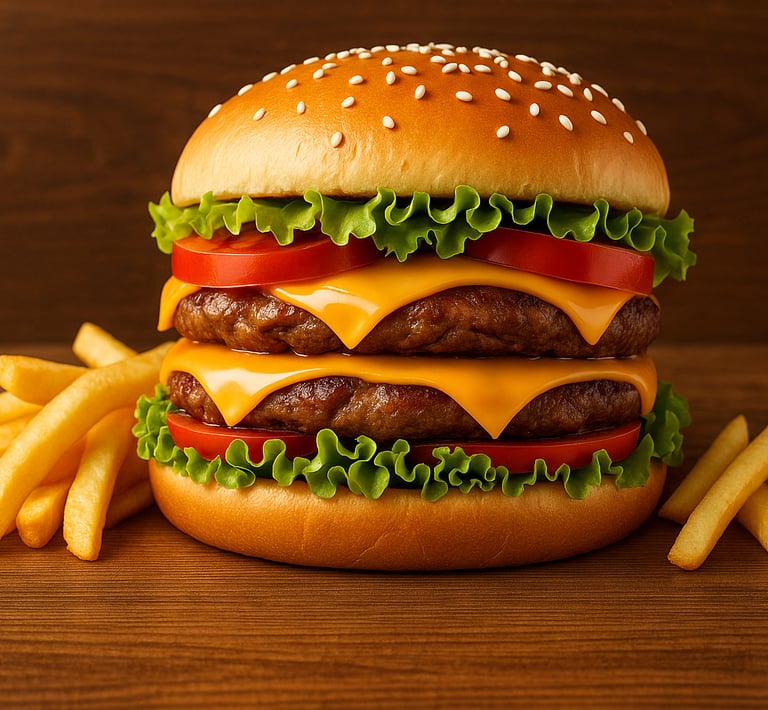 Smoky Barbeque Chicken Burger (Double Patty + Double Cheese) with golden crispy salted french fries