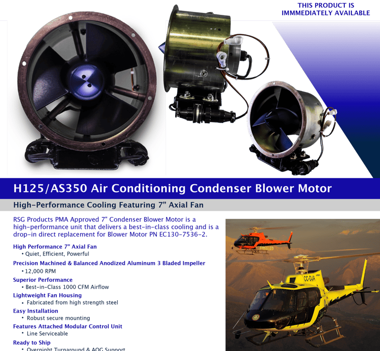 RSG Products H125 AS350 air conditioning condenser blower motor with 7-inch axial fan for helicopters.