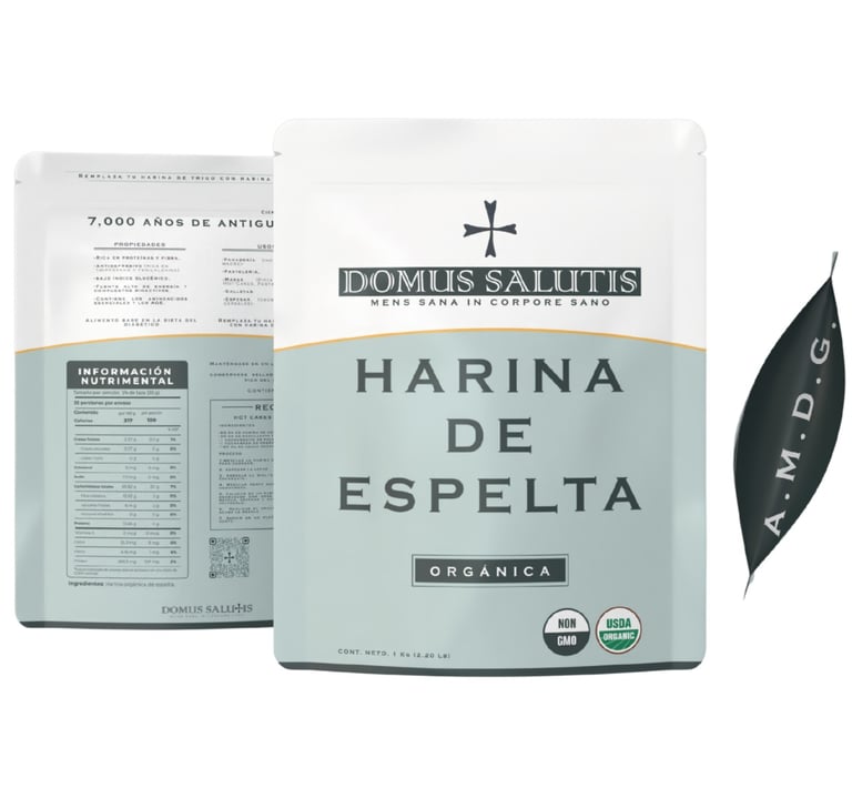 Harina de Espelta Orgánica Domus Salutis — vista frontal y reverso con tabla nutrimental