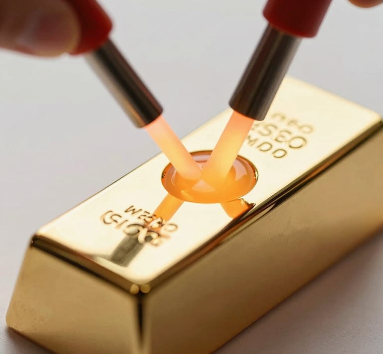 Extreme close-up macro shot of a raw gold ingot being melted with a torch, glowing molten metal, soft natural side-light, shallow depth of field