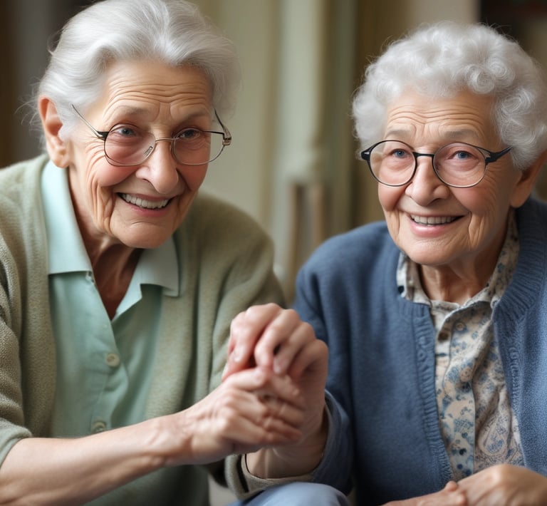 A friendly caregiver helping a resident tend to a small garden outside the care home.
