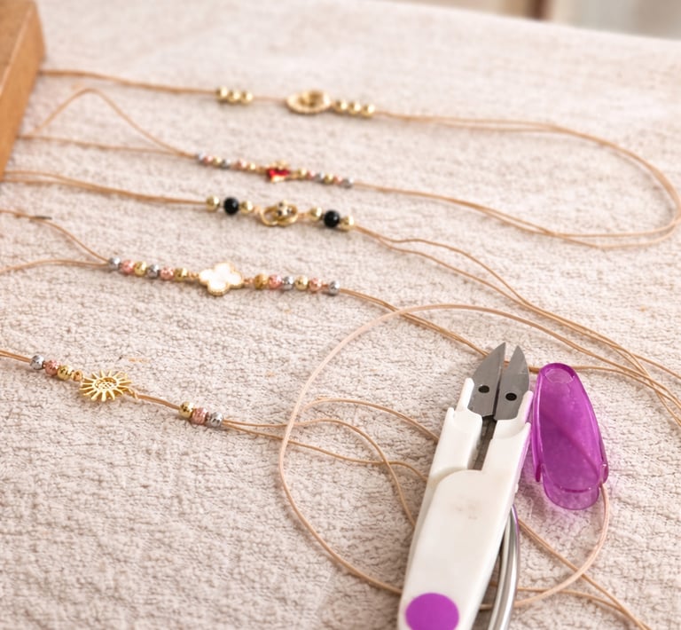 Banco de trabajo de bisutería con pulseras y herramientas