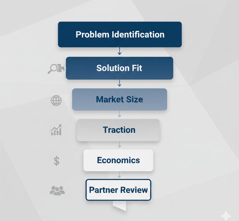 A visual funnel showing the early venture capital screening process, highlighting that Problem and S