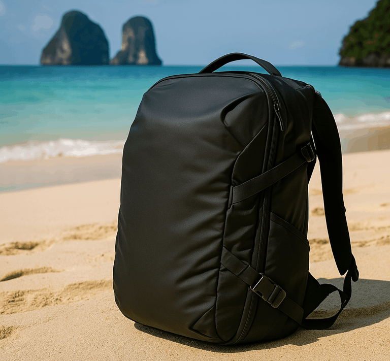 A Peak Design Travel Backpack resting in the sand on a Thai Beach with the ocean in the background