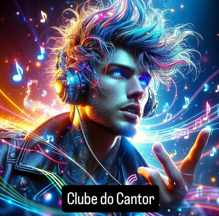Digital art of a male singer with glowing blue eyes wearing headphones surrounded by neon musical notes.