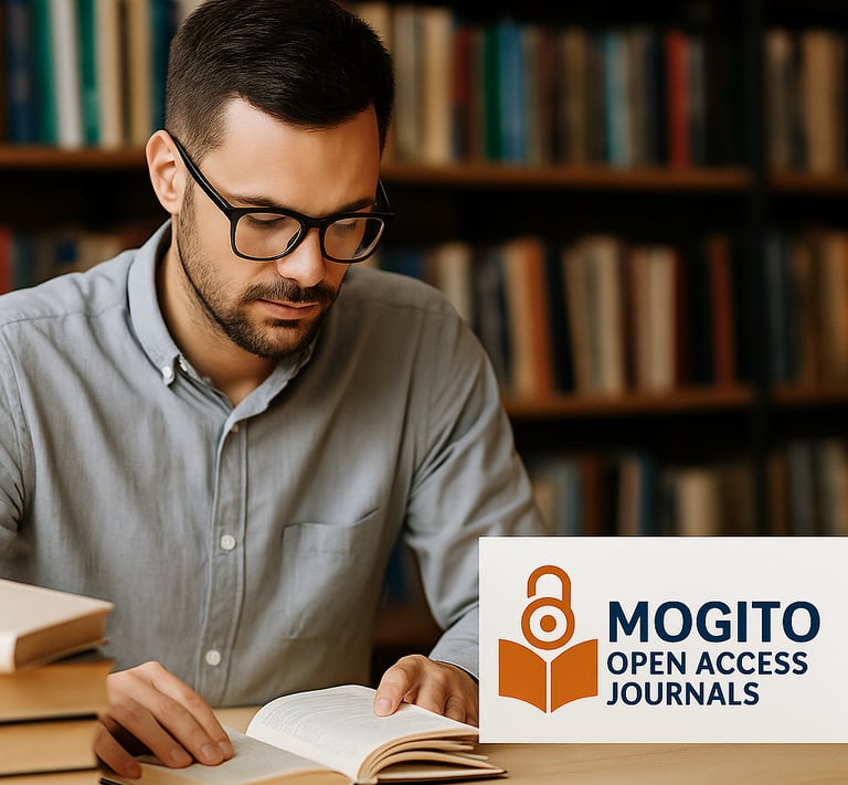 "Man reading a book in a library with the Mogito Open Access Journals logo in the corner."