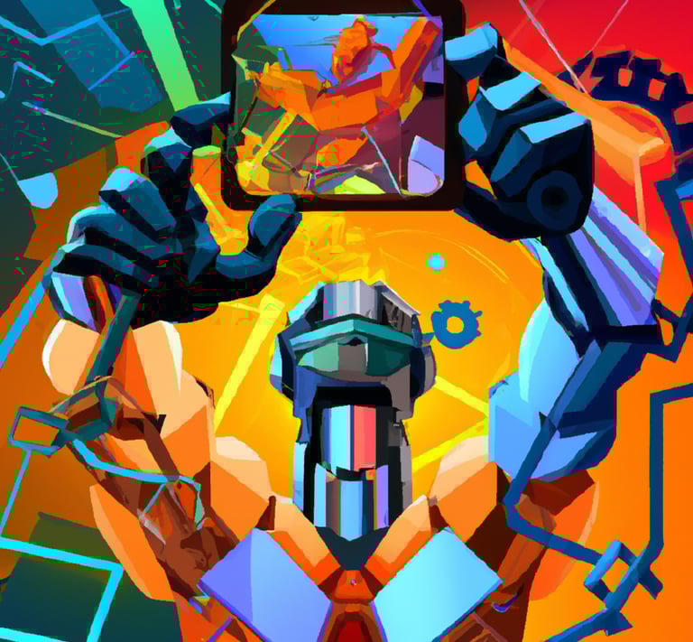 a humanoid robot holding a cell phone up to his face