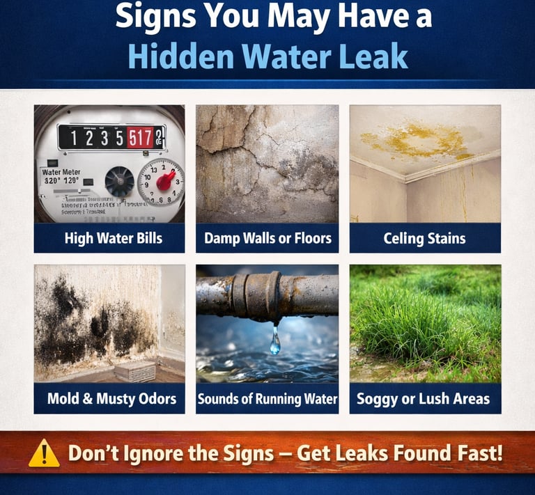 infographic with signs of a hidden water leak, water meter, wet wall and ceiling, mold water running