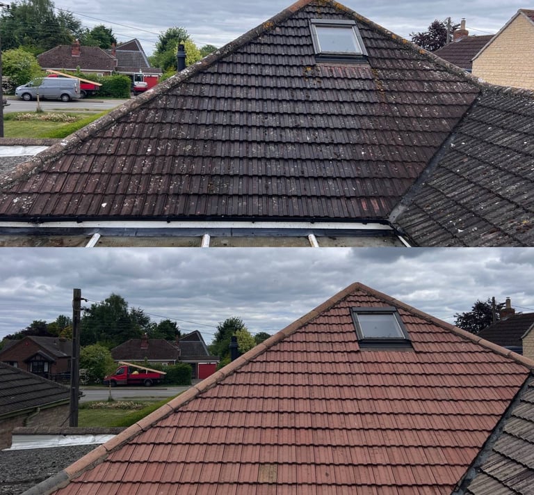 Full roof clean showing moss removal, pressure washing & chemically treated on a house in Lincoln