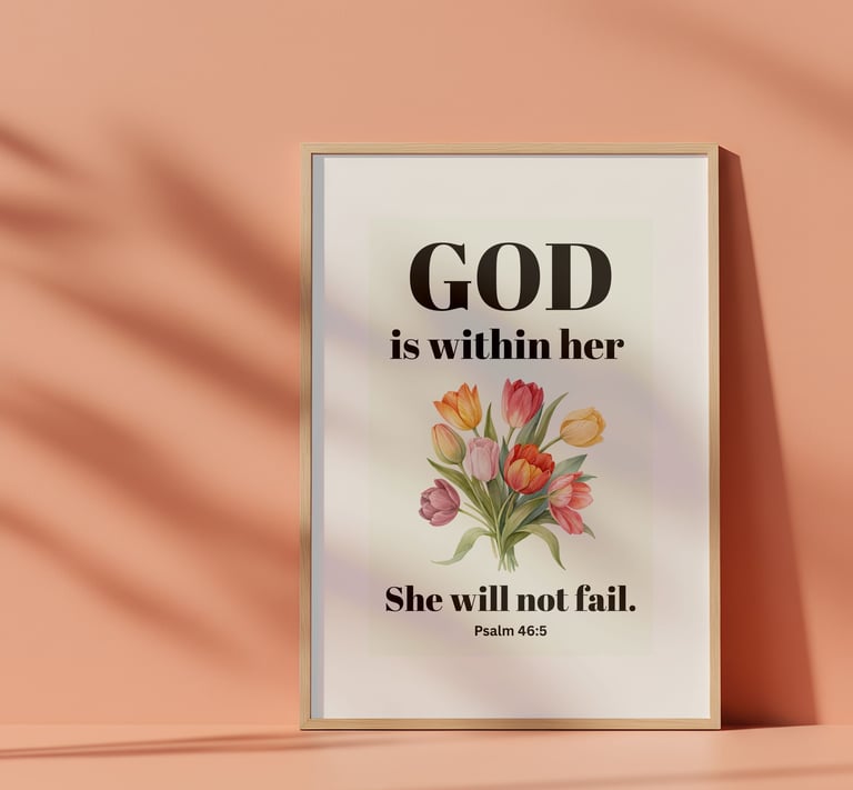 Framed Psalm 46:5 wall art featuring colorful tulips and inspirational Christian scripture.