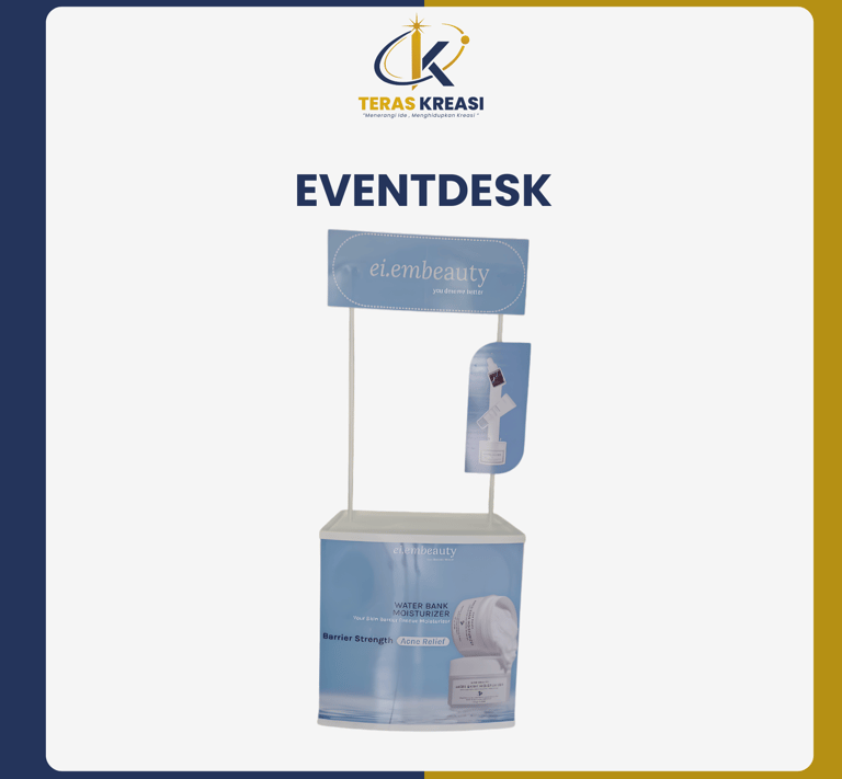 Portable event desk booth for ei.embeauty skincare promotion with custom branded graphics and header.