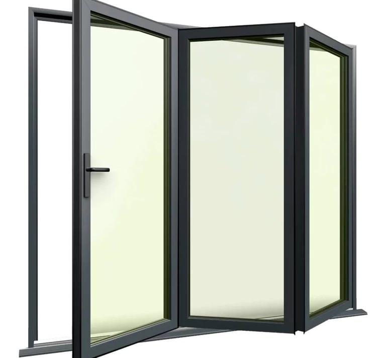 Modern charcoal grey aluminum bifold doors with double glazing for home energy efficiency.