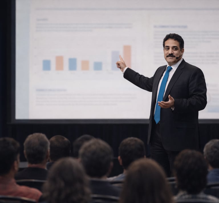 Professional businessman presenting data charts to an audience during a corporate seminar.