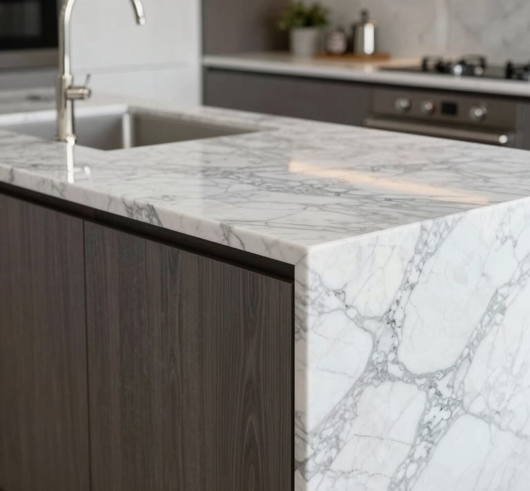 Modern luxury kitchen island featuring a white marble waterfall countertop and dark wood cabinets.