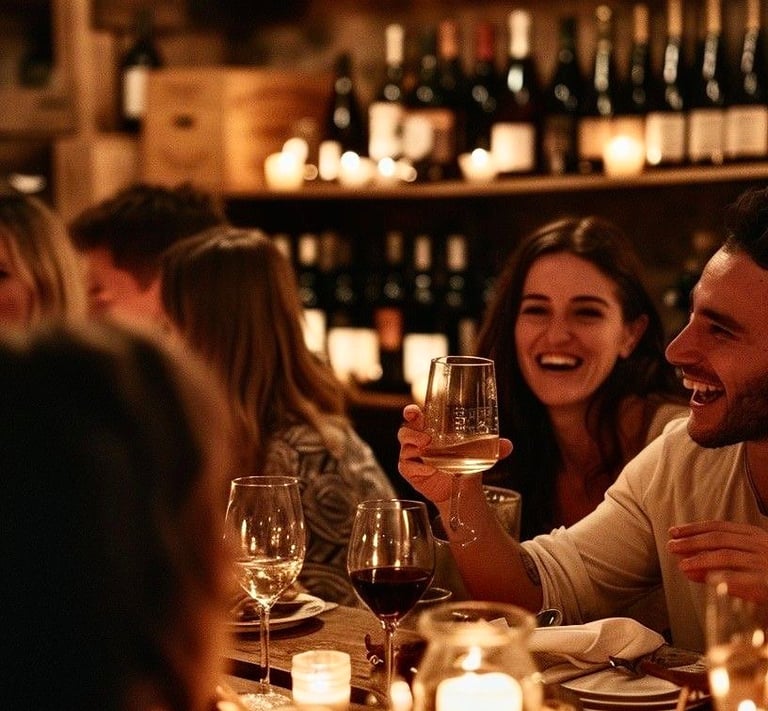 Friends enjoy a candlelit wine tasting dinner at a rustic cellar restaurant with wine bottle shelves.