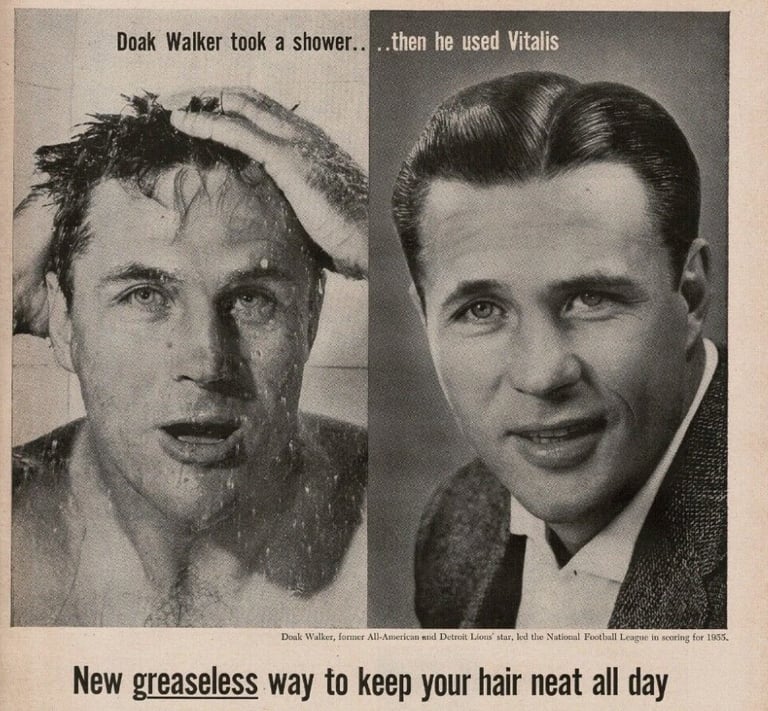 Vintage Vitalis hair tonic ad featuring NFL star Doak Walker with wet and groomed hair.